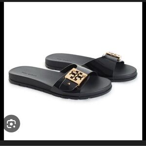 Tory Burch Black Sandals with Gold Emblem